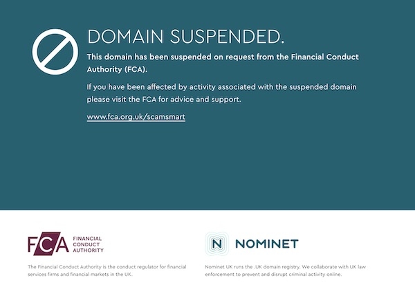 Domain suspended by FCA and Nominet
