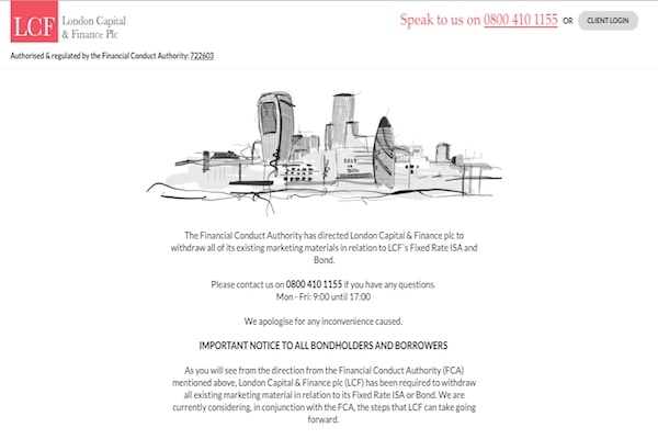 LCF website following the collapse of the firm