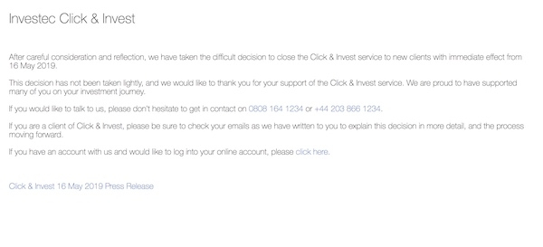 Investec Click & Invest's closure notice